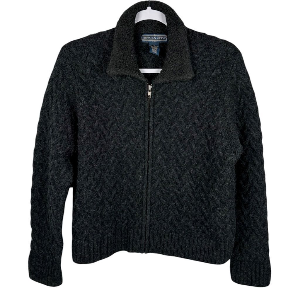Herman Geist 100% Wool gray Cable Knit sweater jacket women’s Petite large